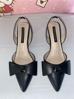 French Connection Black Pointed Slingback Heels with Bow